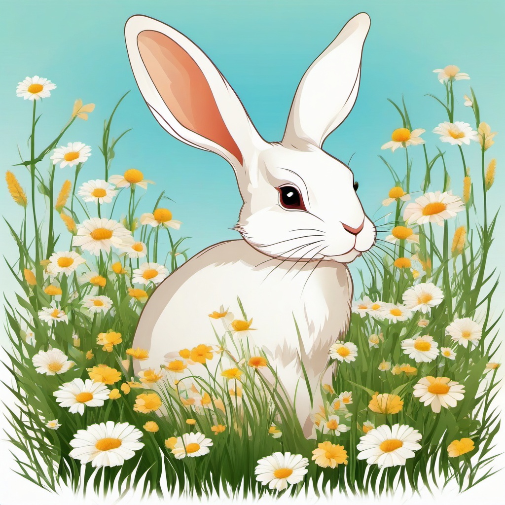 Rabbit Clipart in a Meadow,Agile rabbit in a blossoming meadow, representing fertility and quick thinking. 