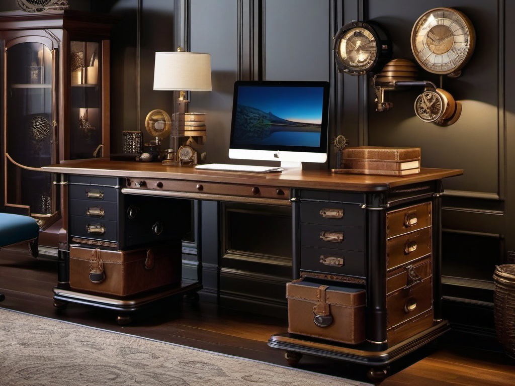 Steampunk study features vintage furniture, exposed piping, and decorative gears, combining a unique style with practicality for a creative workspace.  