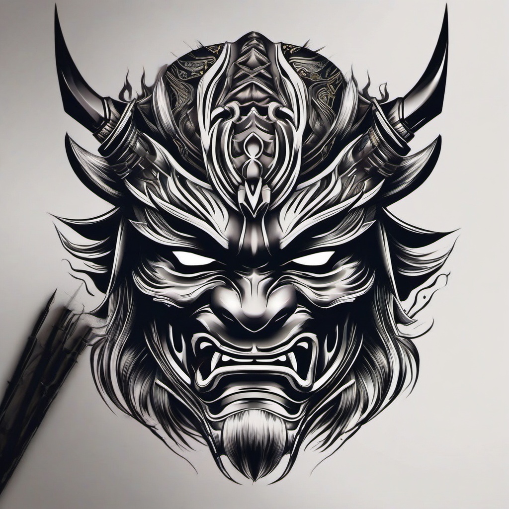 Oni Samurai Mask Tattoo - Blends the fierceness of a samurai with the fearsome Oni mask in tattoo art.  simple color tattoo,white background,minimal