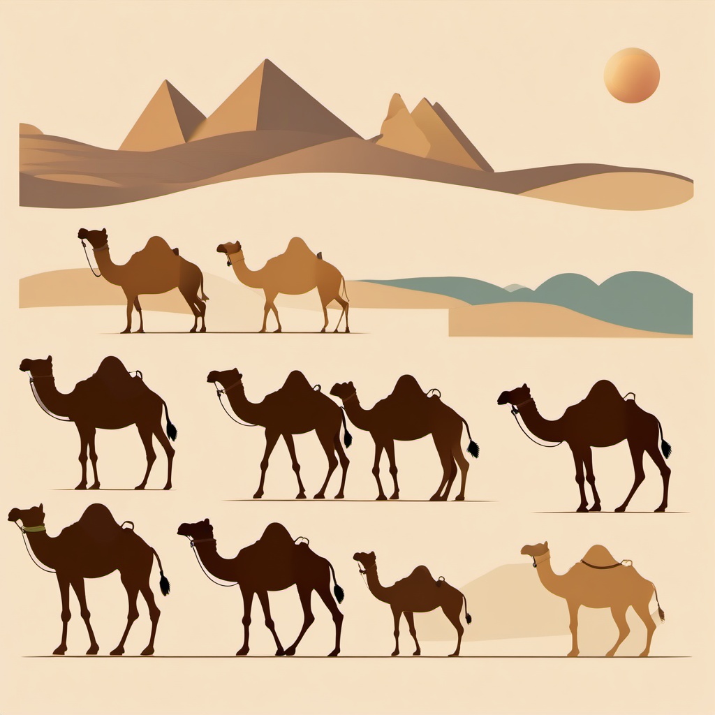 Camel Caravan Clip Art - Camel caravan in the desert,  color vector clipart, minimal style