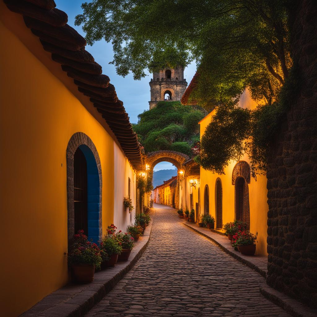 malinalco - imagine a tranquil night in malinalco, a magical town nestled in the mountains, with ancient ruins, cobblestone streets, and celestial beauty. 