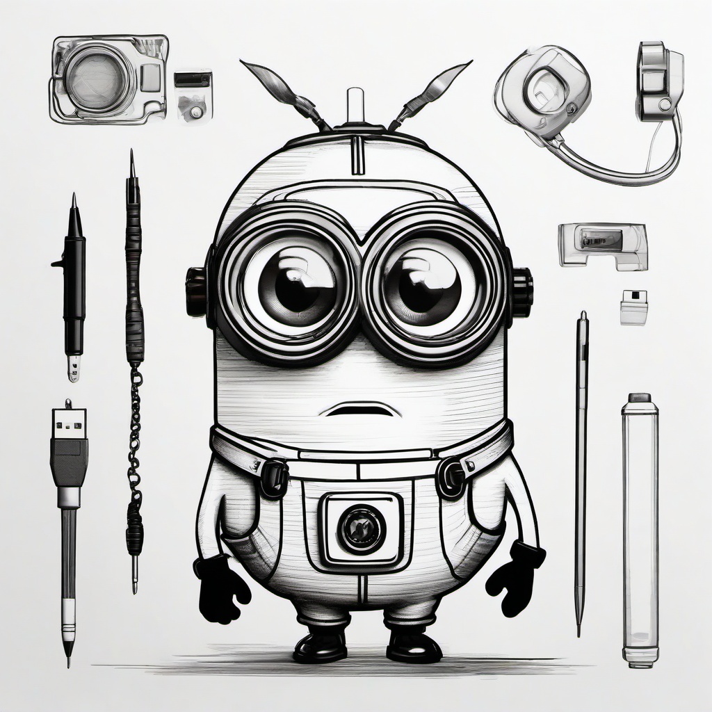 drawing of a minion with gadgets  minimal rough sketch scribbles,doodles,black and white