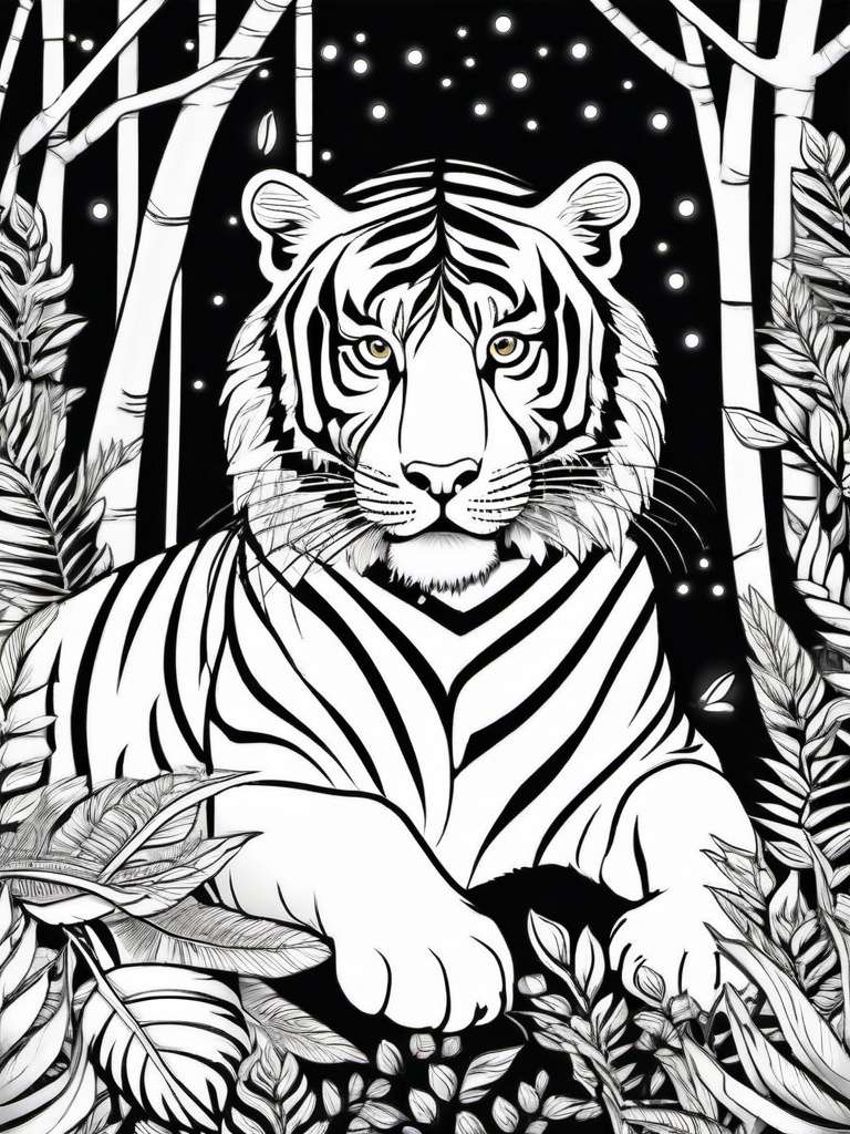 Tiger Coloring Pages - Tiger in a mystic jungle scene with fireflies  simple coloring pages