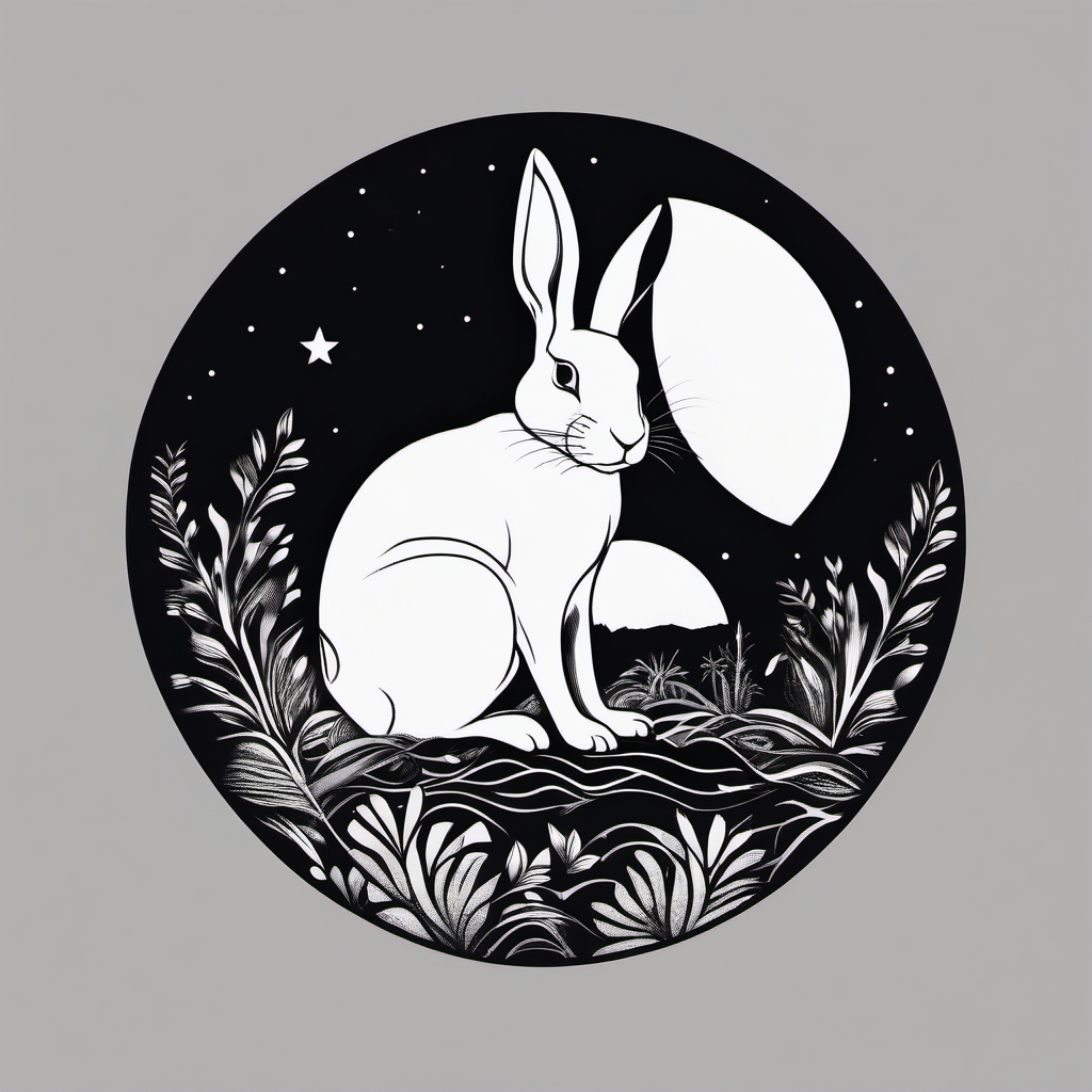 Moonlit rabbit tattoo. Nocturnal elegance in ink.  minimalist black white tattoo style