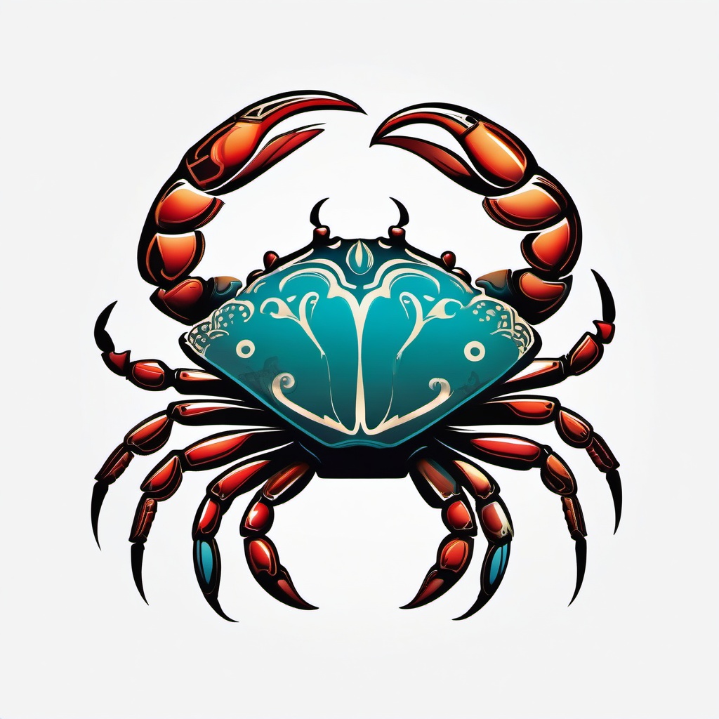 Crab Zodiac Tattoo-Creative and personalized tattoo featuring the zodiac sign Cancer represented by a crab, showcasing unique design elements.  simple color tattoo,white background