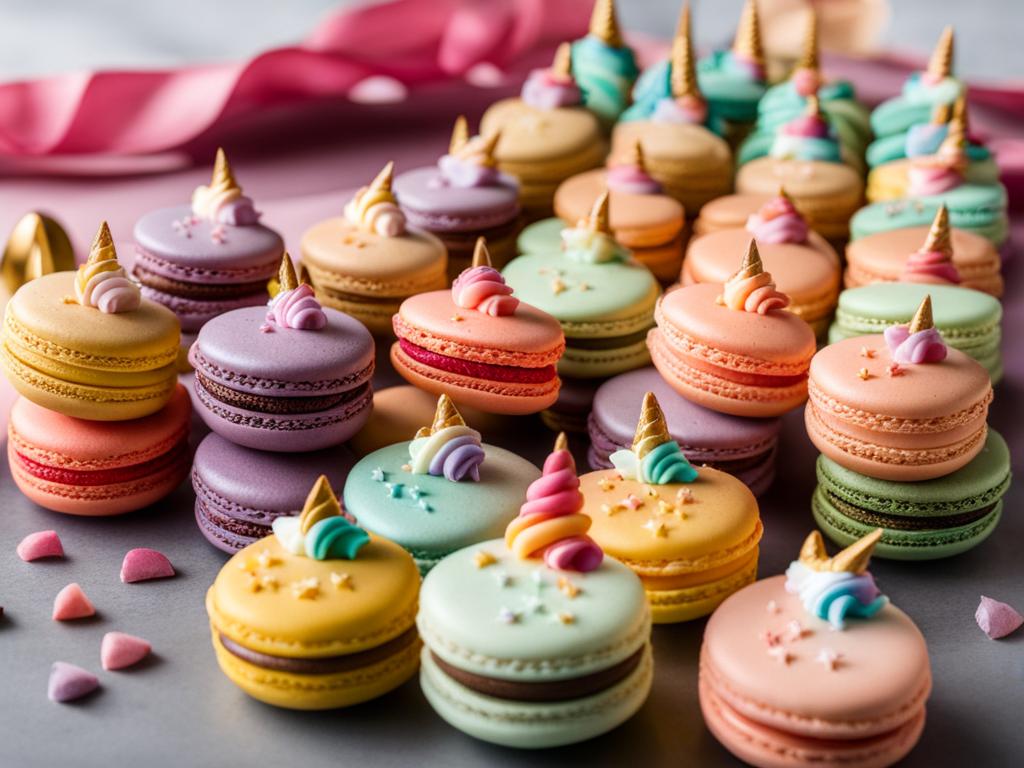 tower of colorful unicorn macarons, each with a whimsical design and a surprise filling. 