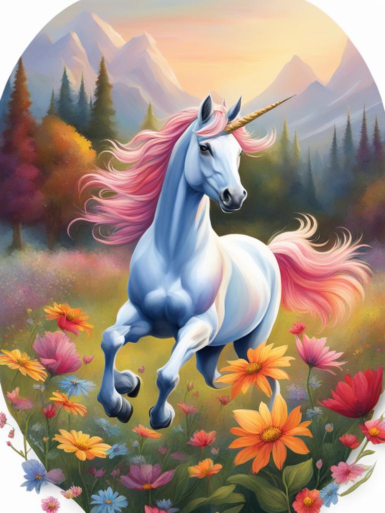 playful unicorn frolicking in a field of colorful wildflowers, scattering petals with each joyful step. 