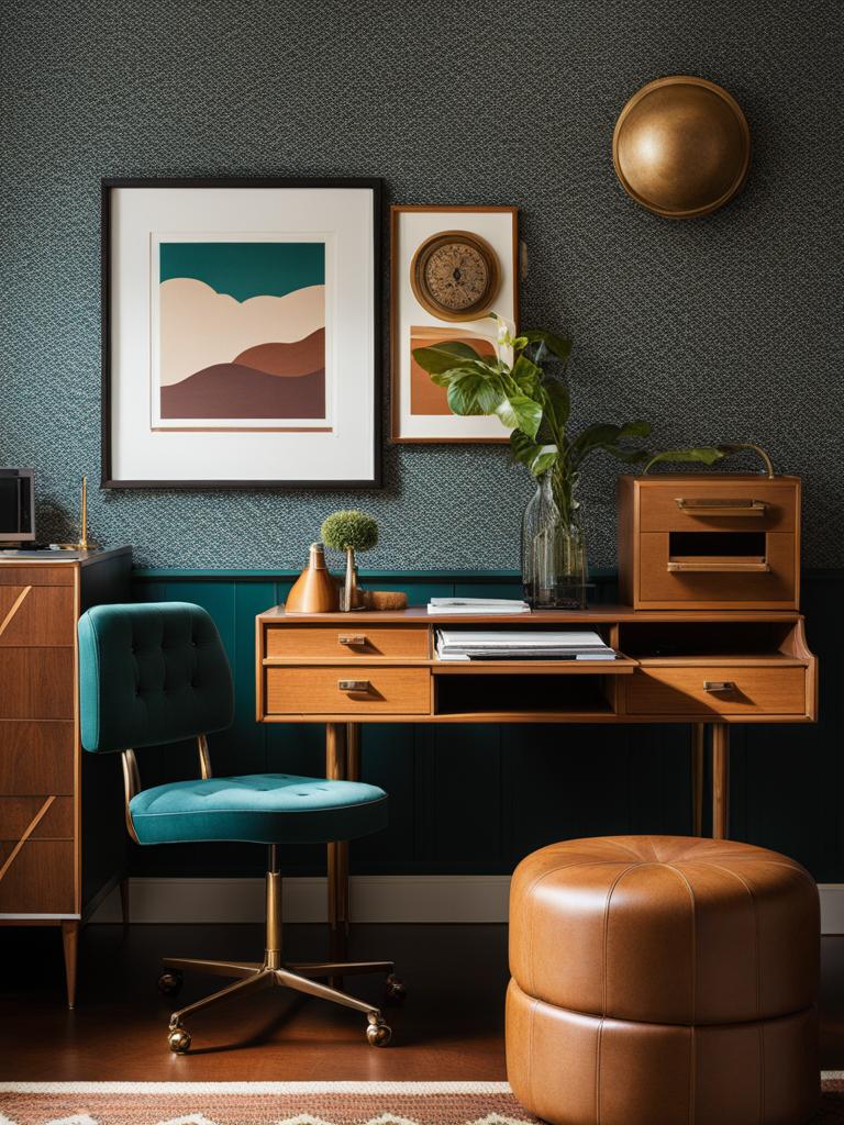 retro-inspired office with bold wallpaper and vintage furniture. 