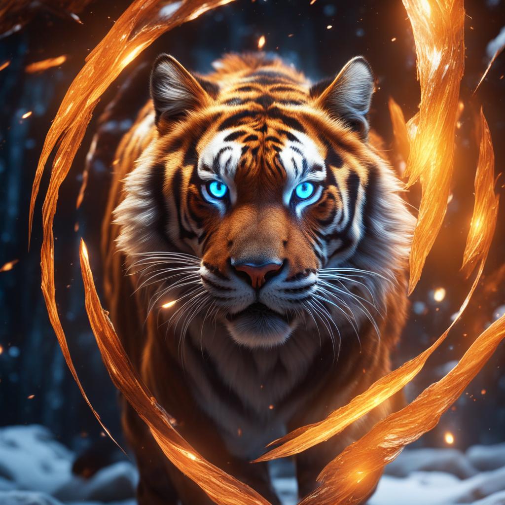 Stalking tiget with blue eyes explosions around, 8k resolution, fantasy concept art, dynamic lighting, hyper and intricately detailed, deep liquid effects color, Unreal engine, volumetric lighting, orange and white complementary colours