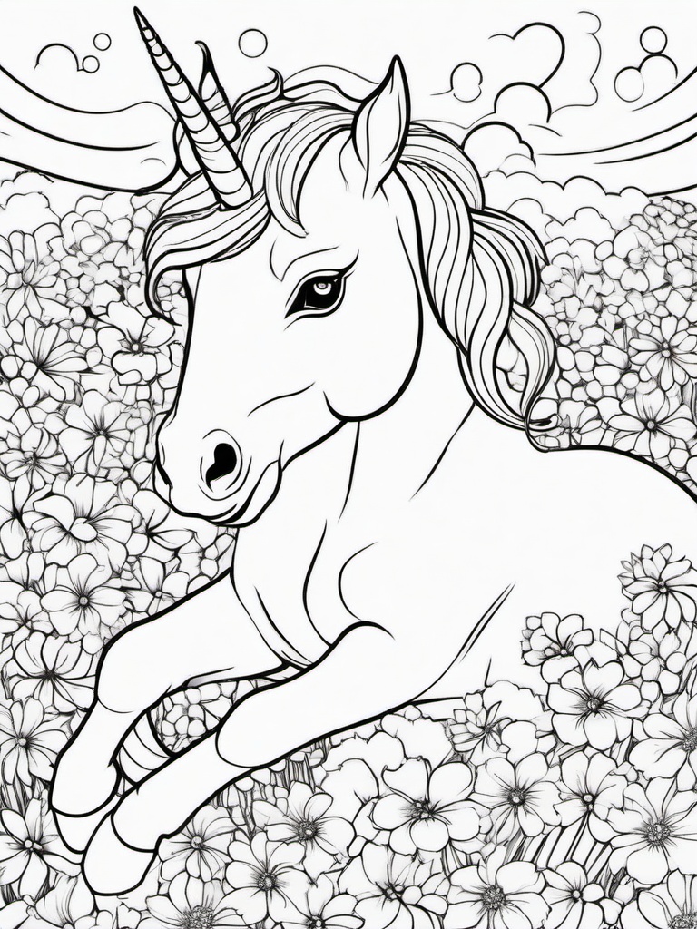 Unicorn Coloring Pages - Baby unicorn lying in a bed of flowers  simple coloring pages