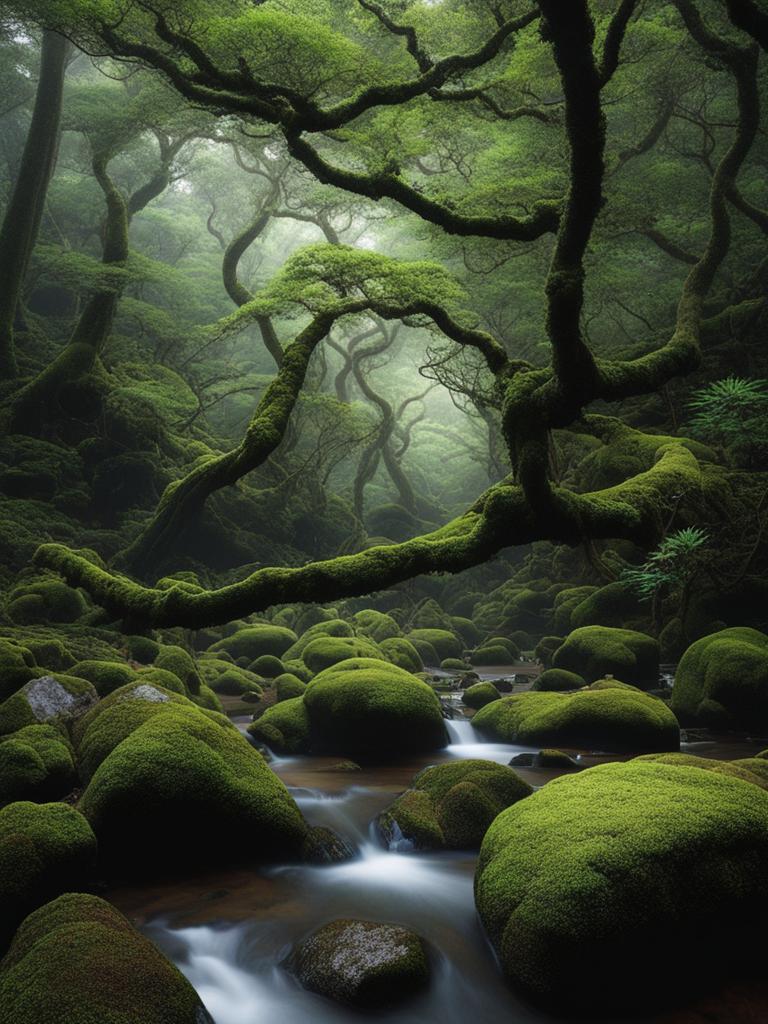 yakushima, japan - capture the ancient moss-covered forests of yakushima, where ancient cedar trees stand tall under a moonlit sky. 