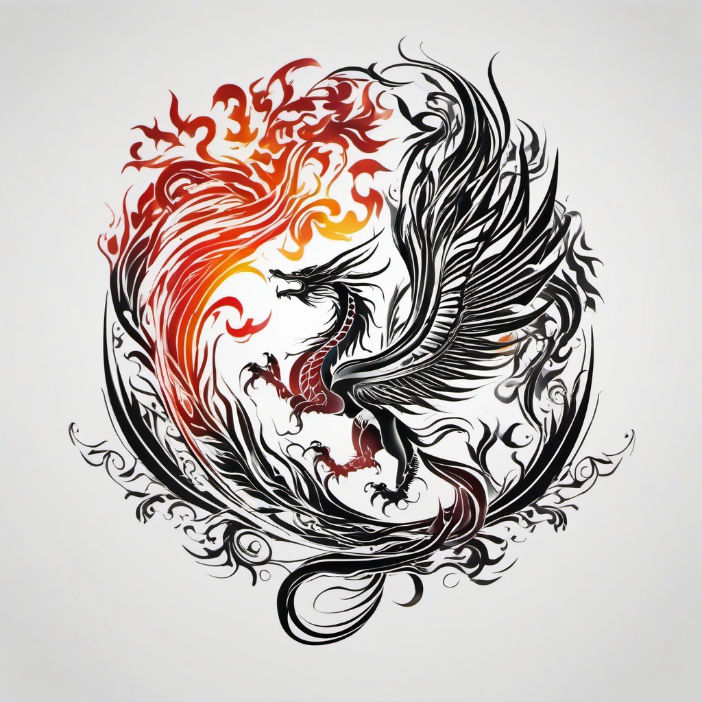 Dragon Phoenix Tattoo Designs - Artistic designs combining dragons and phoenix motifs.  simple color tattoo,minimalist,white background