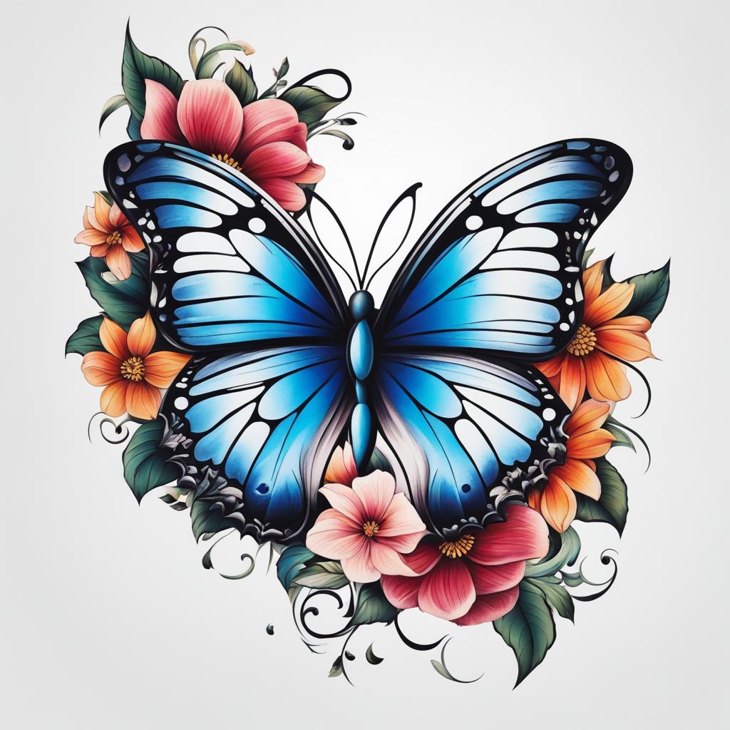 Butterfly flower tattoo,Combining butterflies and floral elements in tattoos. , color tattoo design, white background