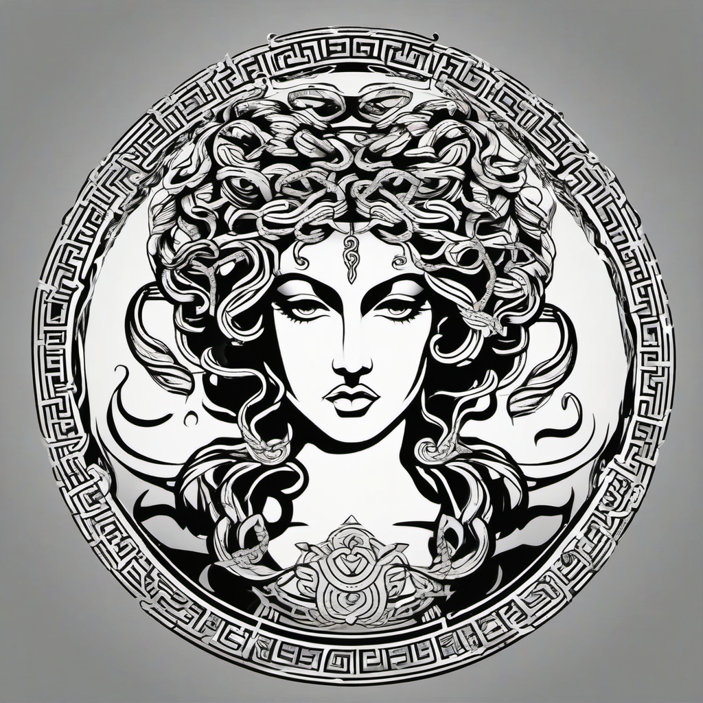 Medusa Greek God Tattoo - Pay homage to Medusa as a Greek god with a tattoo that emphasizes her divine and mythical attributes.  simple vector color tattoo,minimal,white background