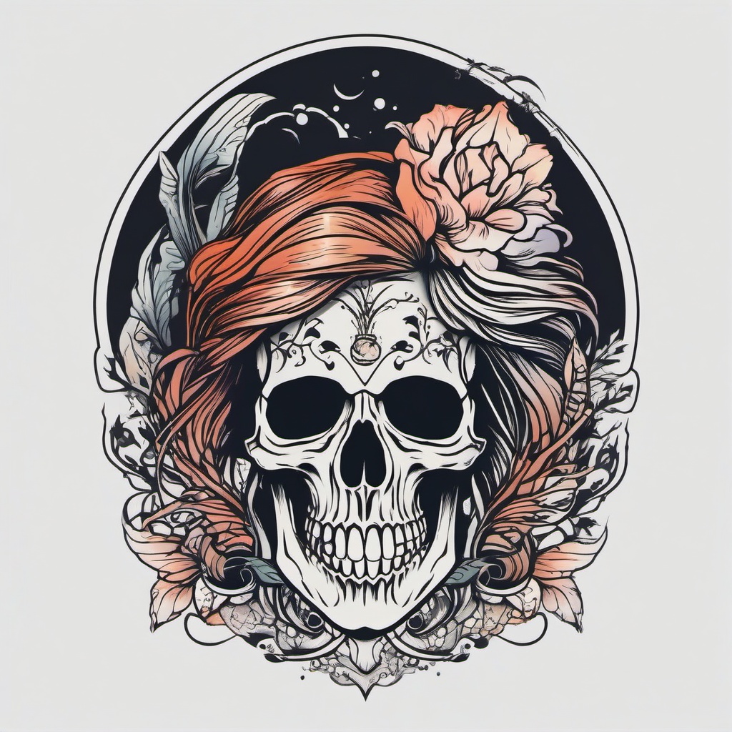 Mermaid Skull Tattoo - Infuse a touch of darkness with a tattoo featuring a skull-headed mermaid design.  simple vector color tattoo,minimal,white background