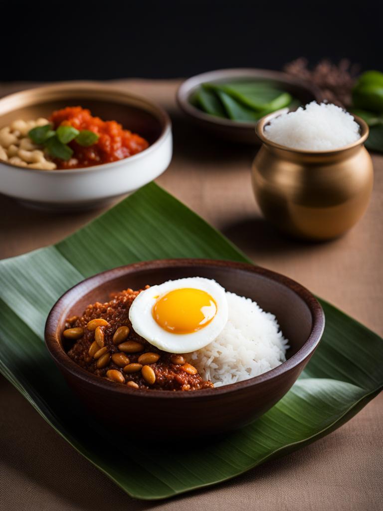 malaysian nasi lemak - fragrant coconut rice served with sambal, peanuts, anchovies, and egg. 