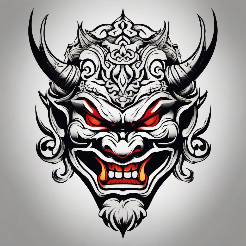 Oni Mask Japanese Tattoo - Tattoo featuring the iconic Oni mask in traditional Japanese style.  simple color tattoo,white background,minimal