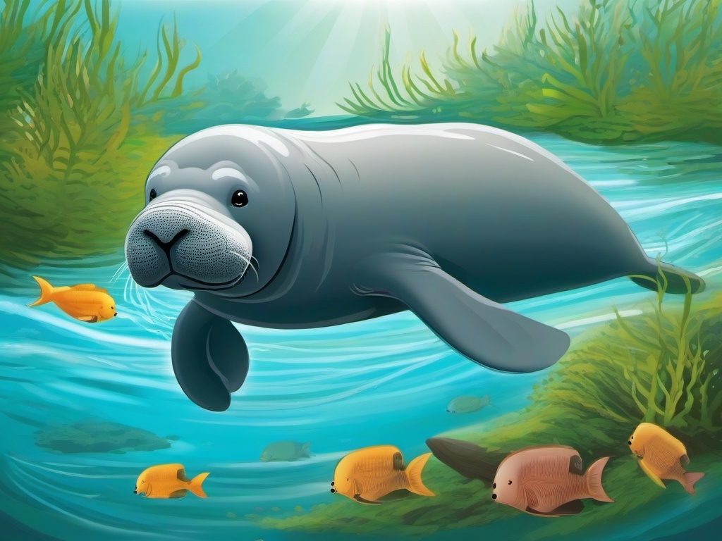 Manatee cartoon - Manatee gliding through warm waters  