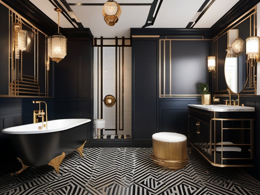 Art Deco small bathroom includes bold geometric patterns, luxurious finishes, and vintage-inspired fixtures for a glamorous touch in a small space.  