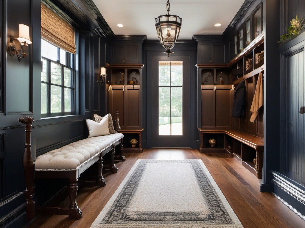 Victorian mudroom embodies classic elegance with ornate details, plush seating, and vintage hooks, providing a sophisticated entry retreat.  