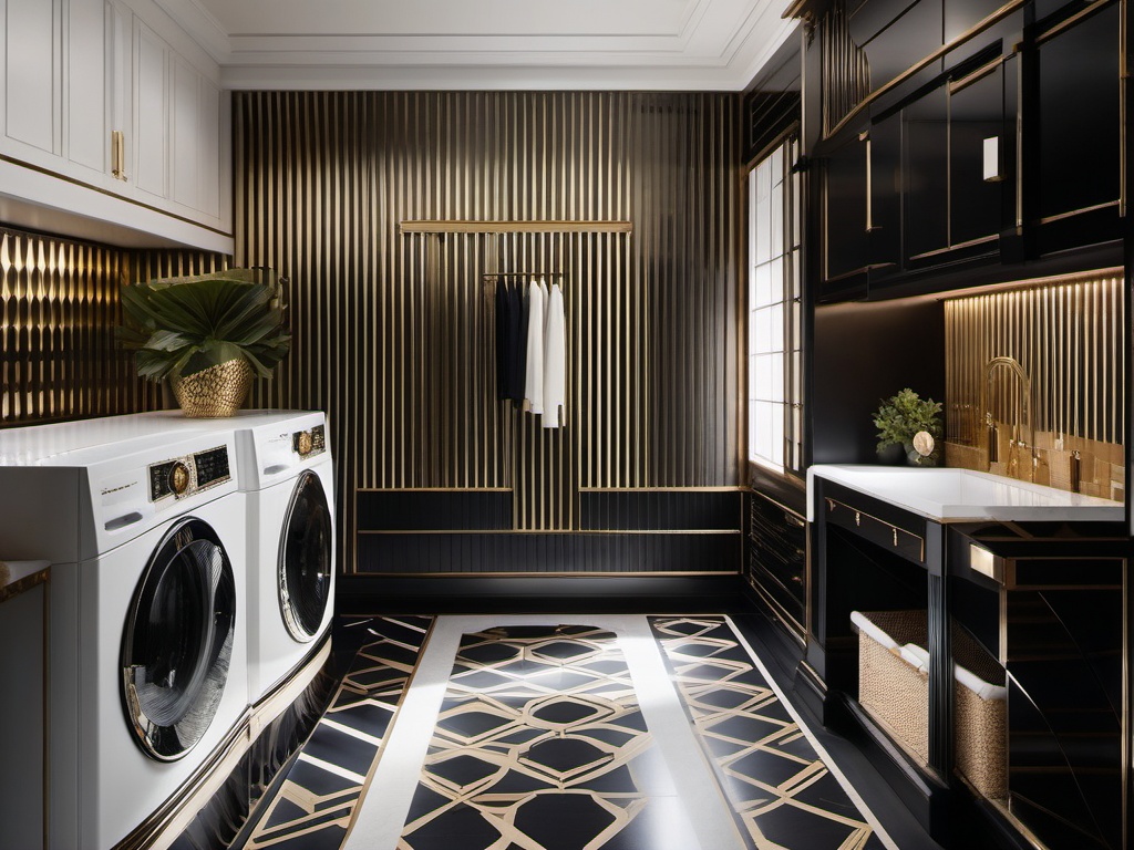 Art Deco laundry room includes bold geometric patterns, luxurious finishes, and vintage-inspired appliances for a glamorous touch in laundry tasks.  