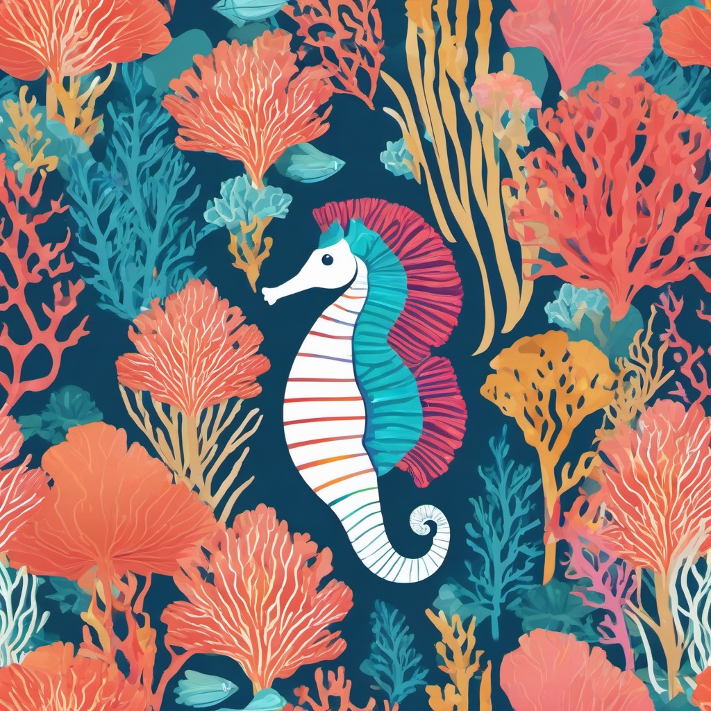 Seahorse Clipart - Seahorse floating among colorful coral reefs , minimal, 2d