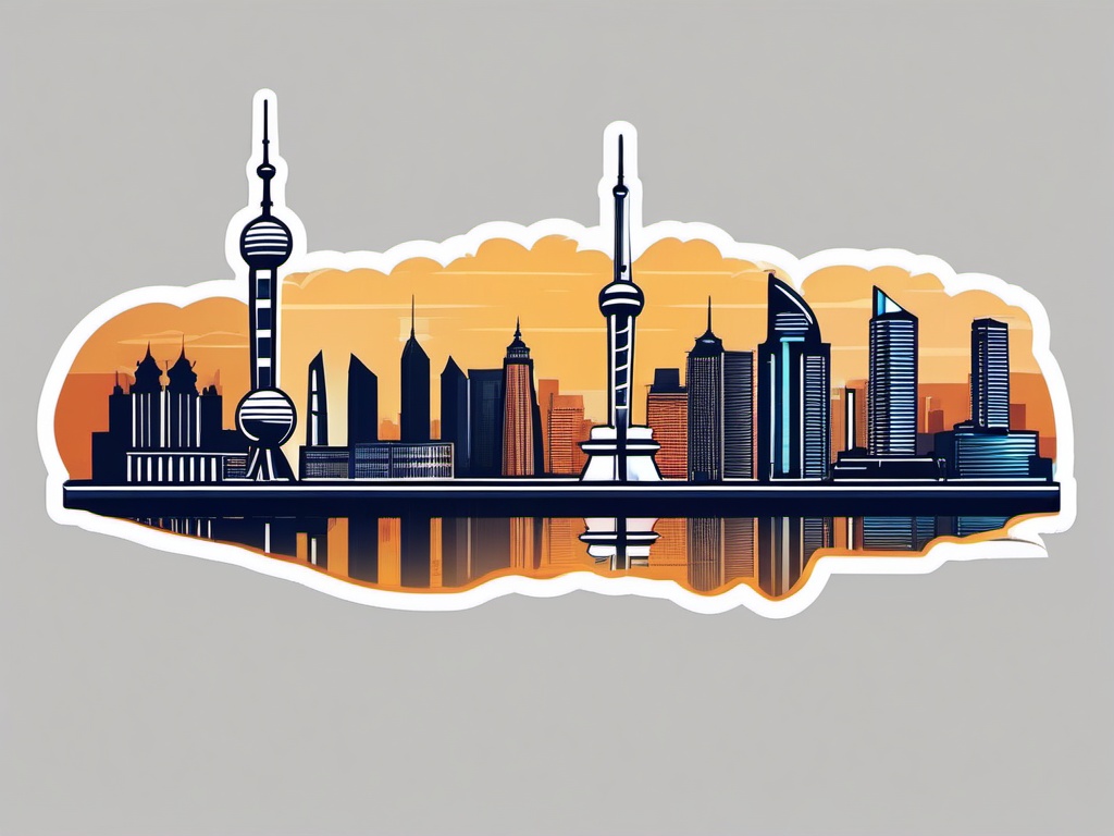 Shanghai Skyline sticker- Modern cityscape along the Huangpu River in China, , sticker vector art, minimalist design