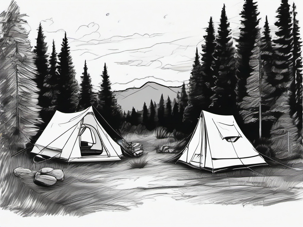 drawing of friends camping  minimal rough sketch scribbles,doodles,black and white