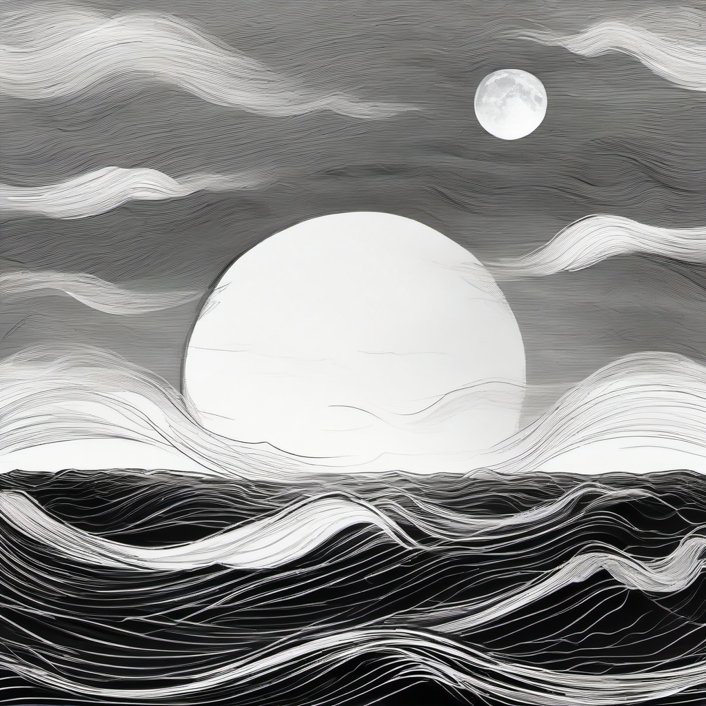 drawing of ocean waves under the moon  minimal rough sketch scribbles,doodles,black and white