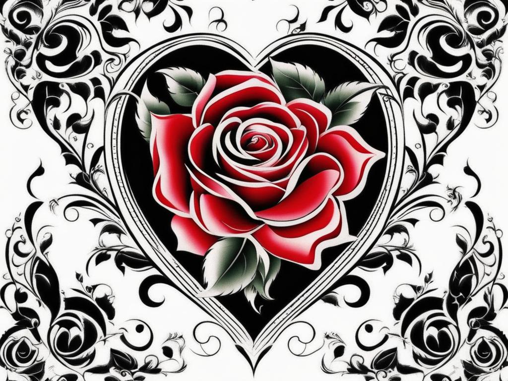 Rose heart tattoo, Tattoos blending the grace of roses with heart symbols.  color, tattoo patterns, white clean background