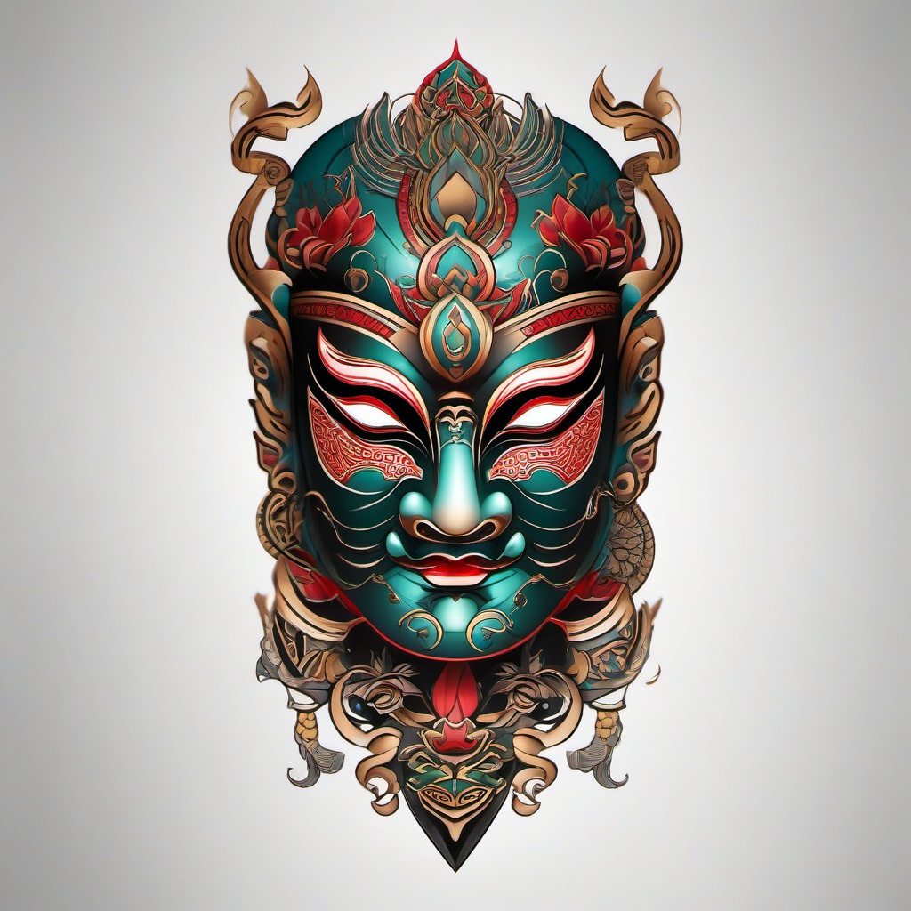 asian mask tattoo  simple color tattoo,white background,minimal