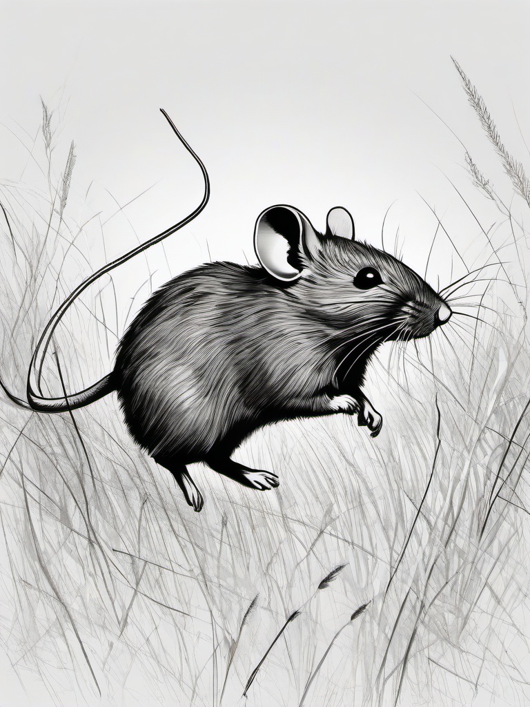 drawing of a mouse running through a field  minimal rough sketch scribbles,doodles,black and white