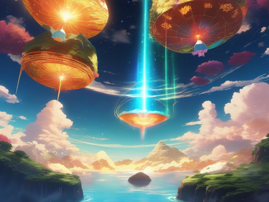 Floating islands with dynamic elemental powers. anime, wallpaper, background, anime key visual, japanese manga