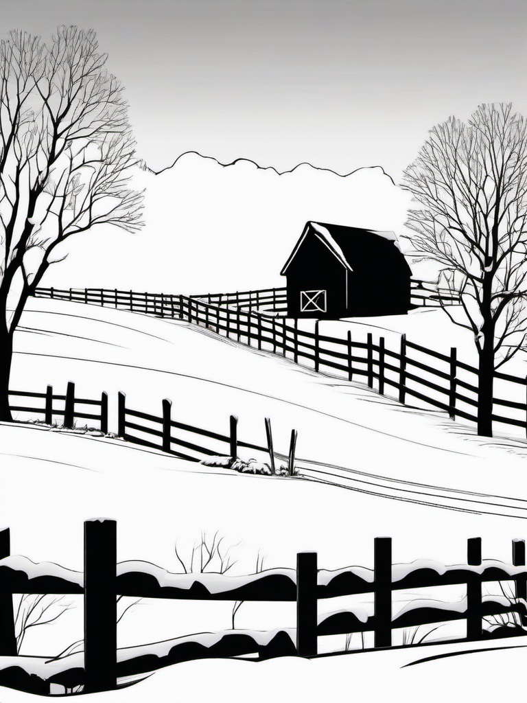 Snow-Covered Fence Coloring Pages - Rustic Fences in Snowy Fields  minimal black outline printable sheet, coloring page