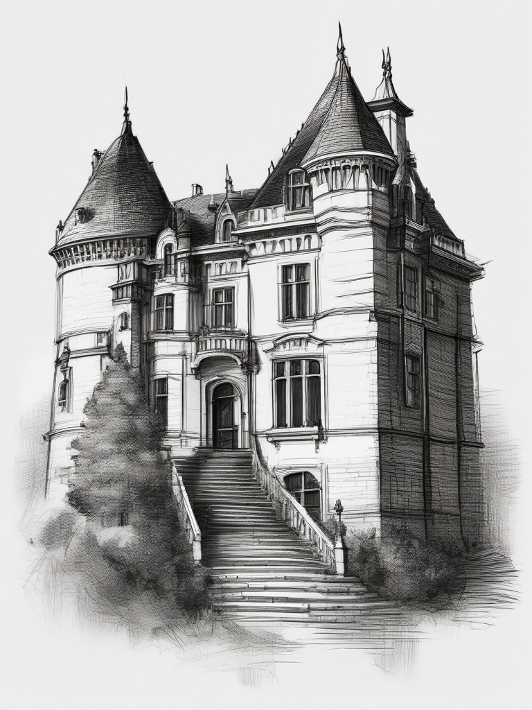 drawing of a castle house  minimal rough sketch scribbles,doodles,black and white