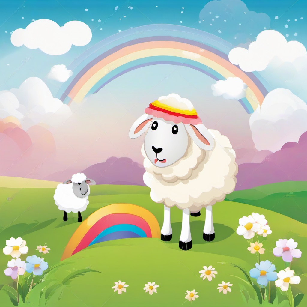 Sheep clipart - sheep with a rainbow in the background  