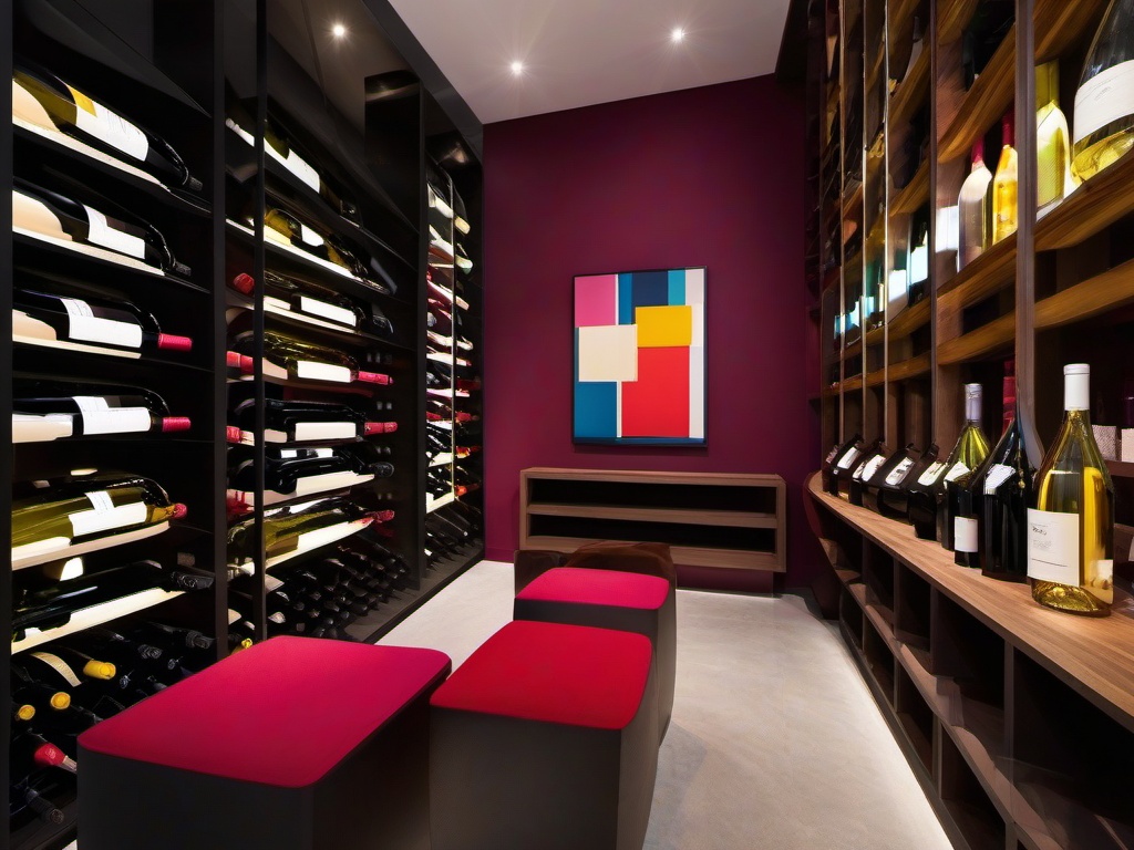 In the wine cellar, Pop Art interior design features colorful bottles, graphic decor, and unique shelving that create a visually stunning space for wine enthusiasts.  