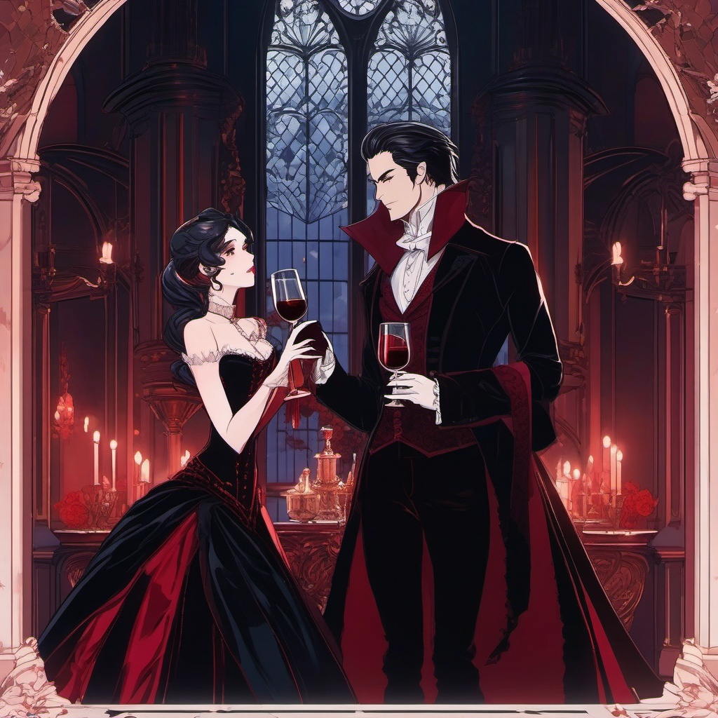 Elegant vampire character and alluring vampire companion, dressed in Victorian attire, elegantly sipping blood-red wine in a dimly lit Gothic castle, as a matching pfp for couples. wide shot, cool anime color style