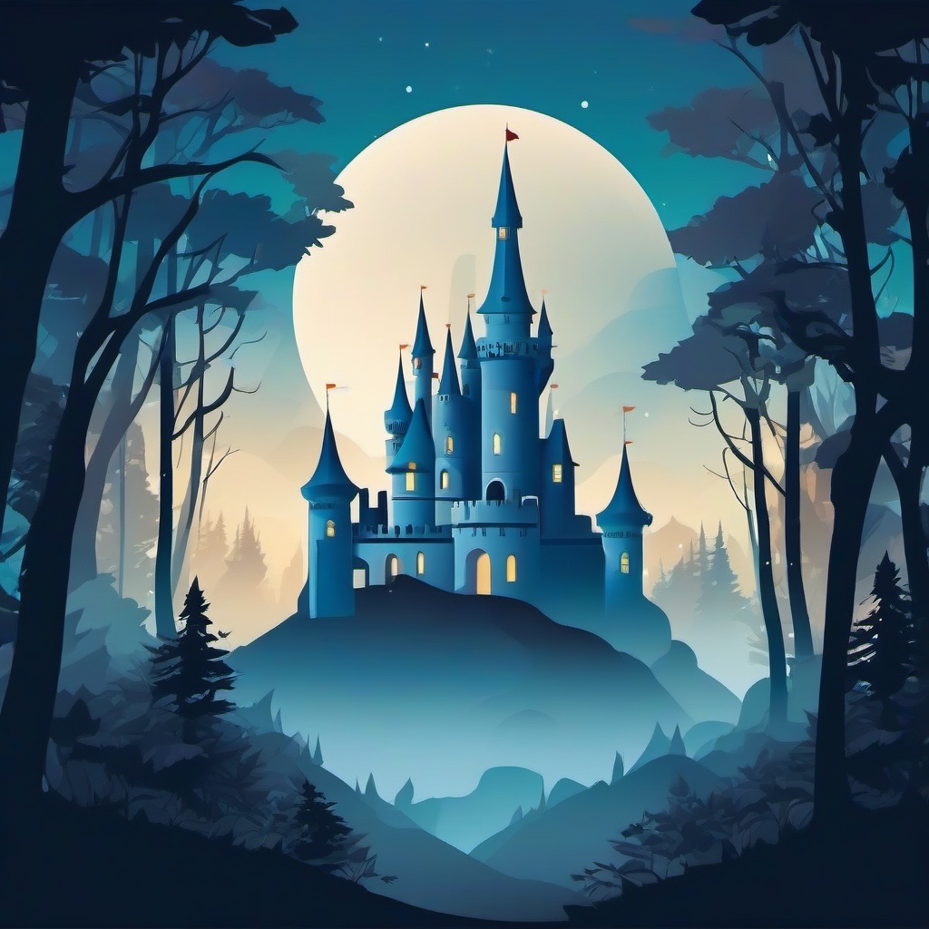 Enchanted castle in a misty forest clipart.  vector style illustration, white background