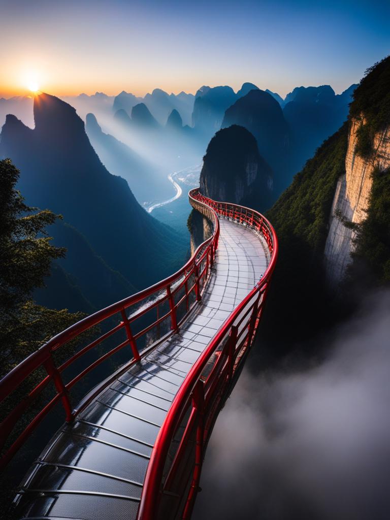 tianmen mountain - imagine a breathtaking night on tianmen mountain, where the heaven's gate natural arch and glass walkways offer awe-inspiring views under the starry sky. 