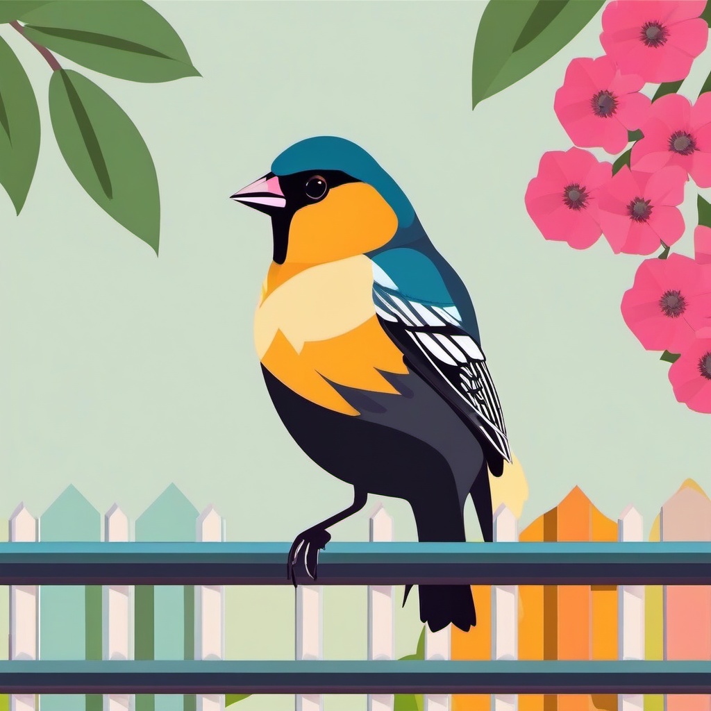 Finch Clipart - Finch perched on a colorful garden fence , minimal, 2d