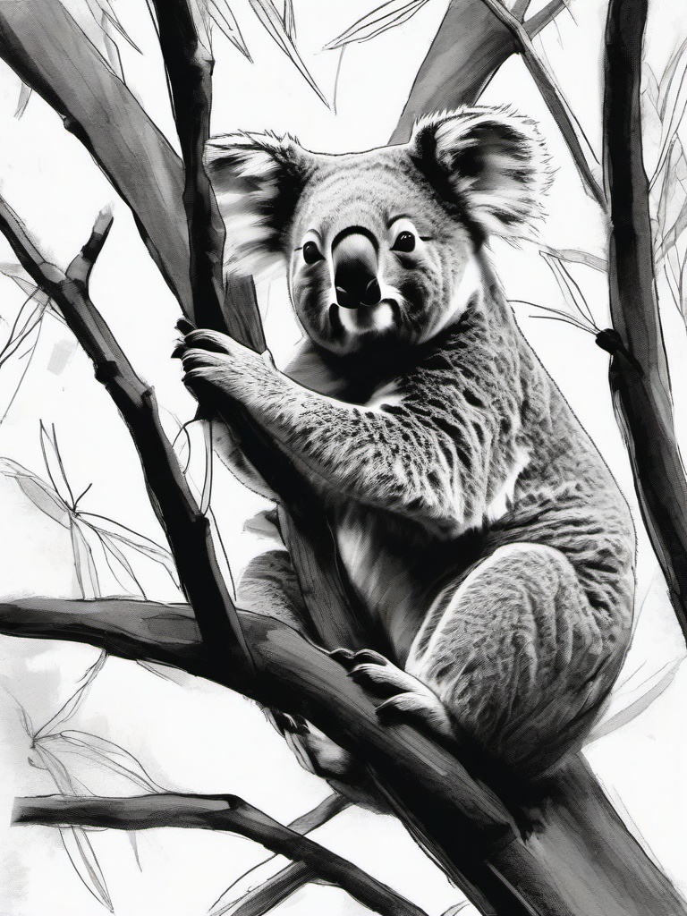 drawing of a koala in a tree  minimal rough sketch scribbles,doodles,black and white