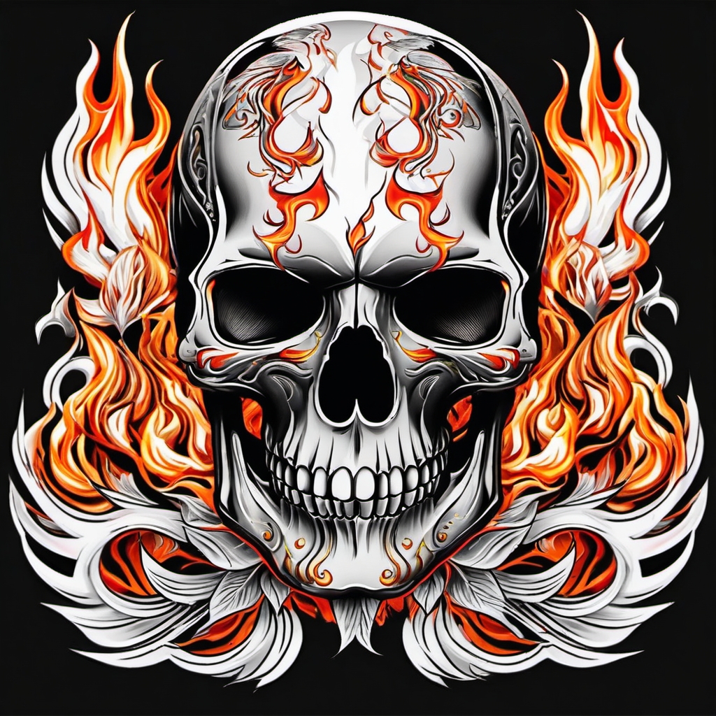 skull with flame tattoos  simple color tattoo,white background