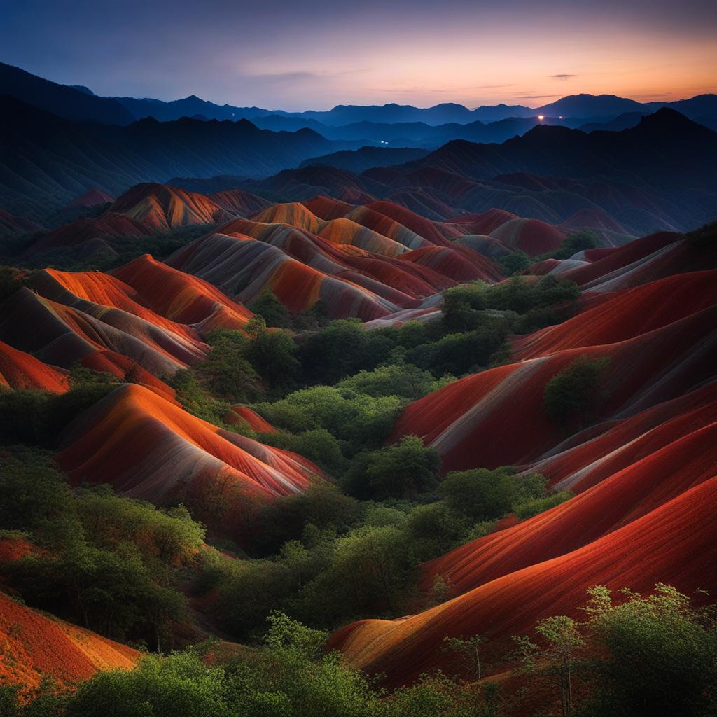 danxia landforms - capture the enchanting night atmosphere of the danxia landforms, where colorful rock formations create a dreamlike landscape. 