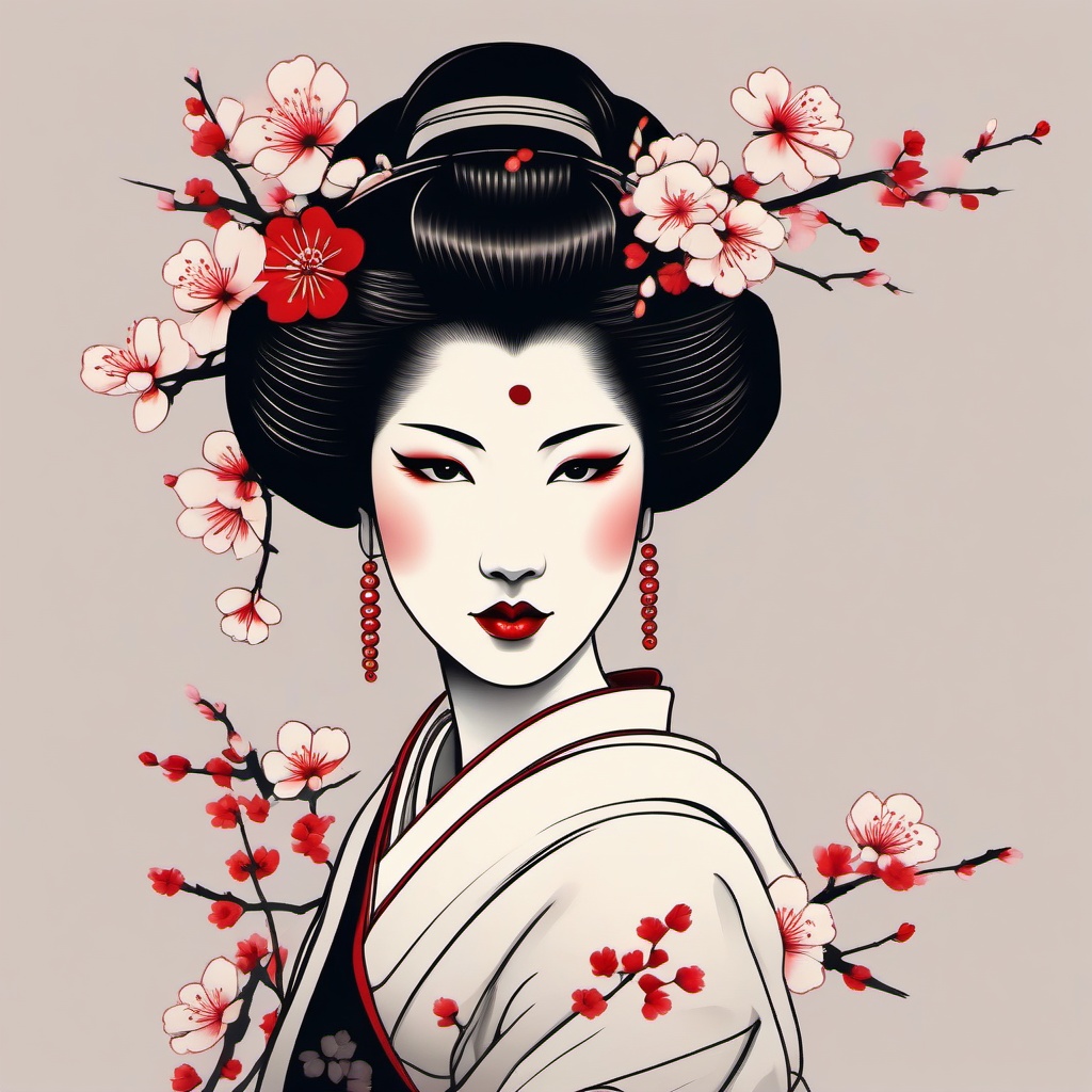 Geisha Cherry Blossom Tattoo - Traditional, celebrates geishas and blossoms.  simple color tattoo,white background,minimal