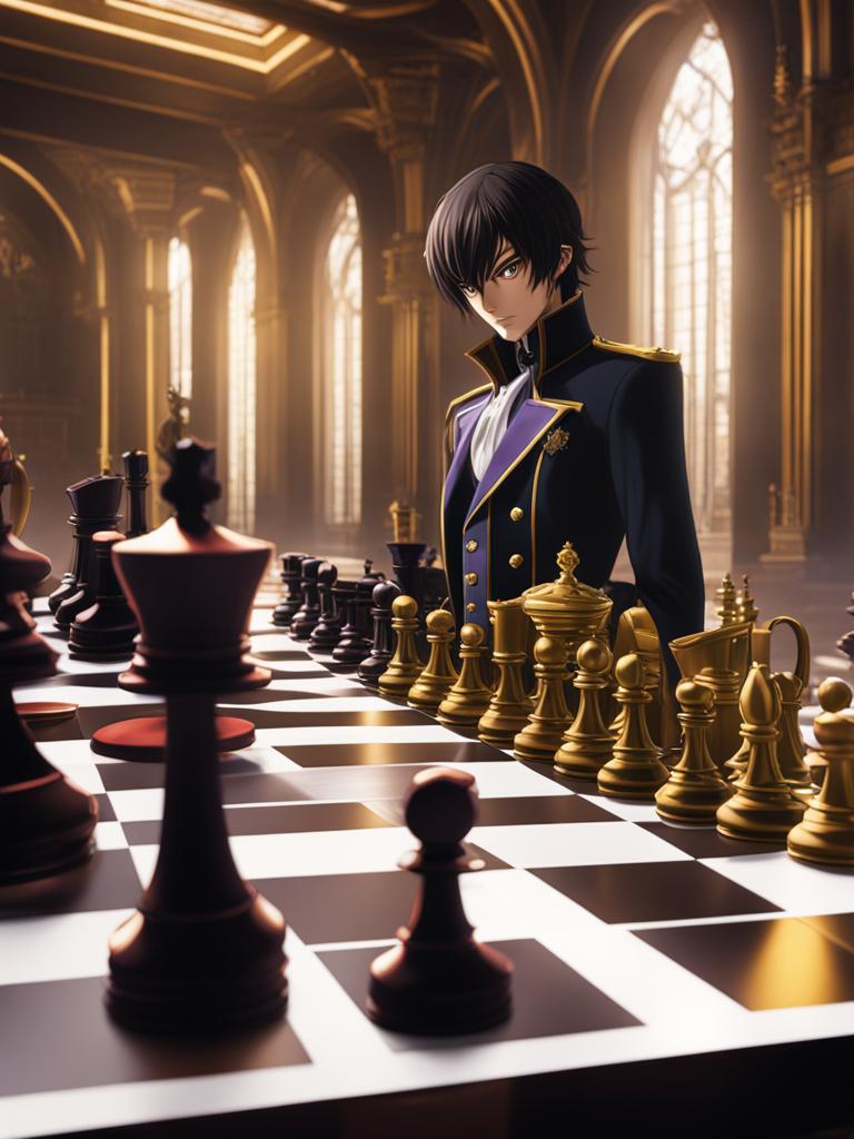 code geass,lelouch lamperouge,executing his brilliant tactical strategies,a high-stakes chess match detailed matte painting, deep color, fantastical, intricate detail, splash screen, complementary colors, fantasy concept art, 8k resolution trending on artstation unreal engine 5