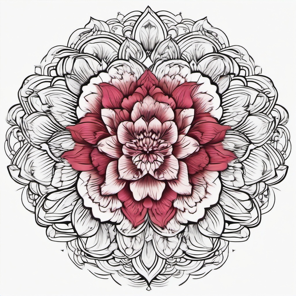 Carnation Mandala Tattoo,Intricacies of mandala art combined with a carnation, a mesmerizing and spiritual tattoo choice.  simple color tattoo,minimal vector art,white background