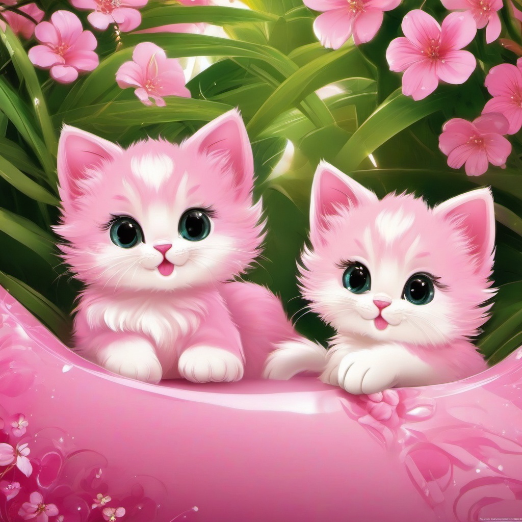 Cute Pink Wallpaper - Playful Kittens in a Pink Paradise, Furry Companions  intricate patterns, splash art, wallpaper art