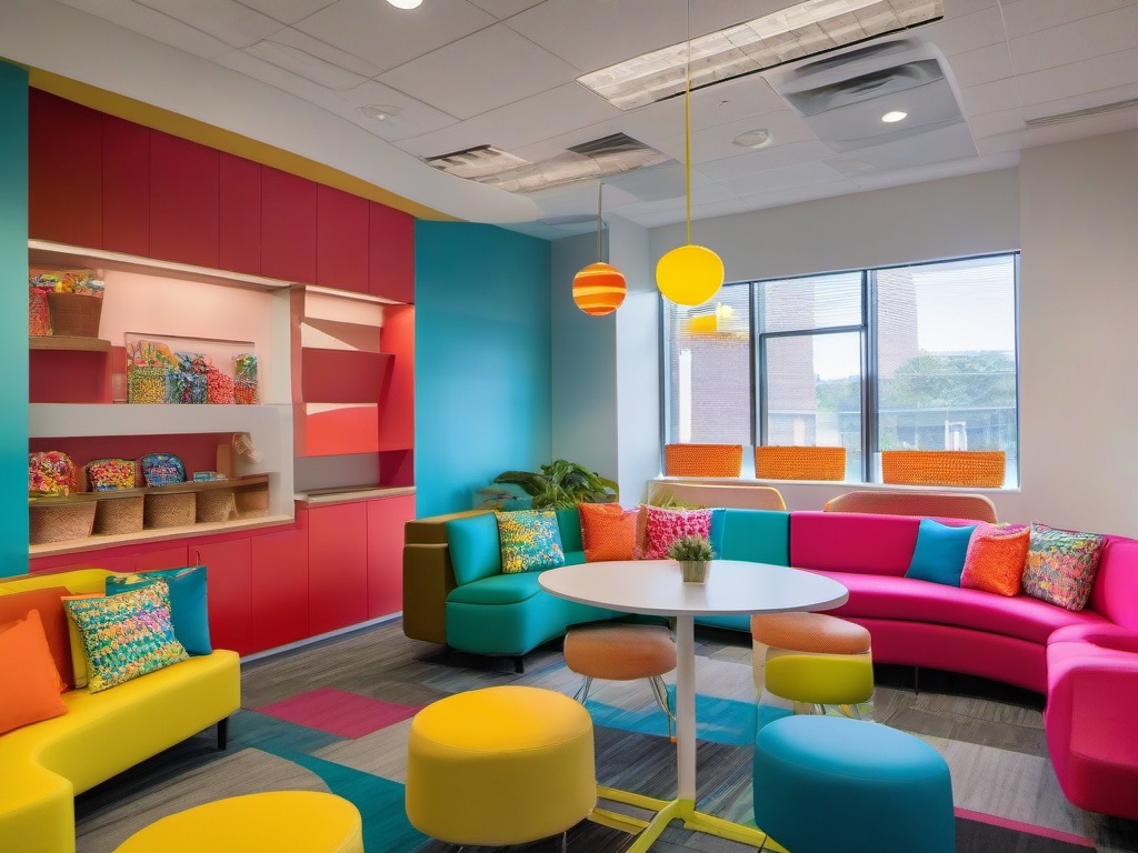 Candy Land office break room features bright furniture, playful decor, and colorful accents, creating a cheerful and relaxed space for employees to unwind.  