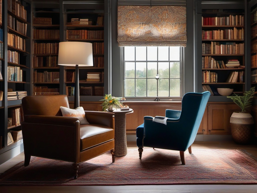 In the reading nook, vintage interior design highlights a classic armchair, patterned fabrics, and warm accents that create a perfect space for enjoying books and reflection.  